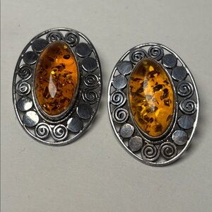 Vintage Artisan Style Sajen Sterling Silver and Baltic Amber Clip On Earrings